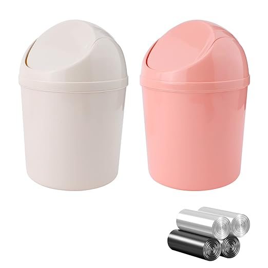 SITAKE 2 Pcs Plastic Mini Wastebasket Trash Can with Swing Lid with 120 Trash Bags, Tiny Desktop Waste Garbage Bin for Home, Office, Kitchen, Vanity Tabletop, Bedroom, Bathroom (Pink + Beige)