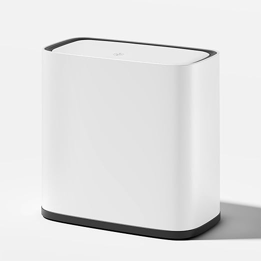Bathroom Trash Can, 2.1 Gallon Small Slim Garbage Can with Lid and Wheels, Air-Press Bag Expander & Inner Bucket, White Plastic Waste Basket Dog Proof for Kitchen, Office, Bedroom, Garbage Trash Bin