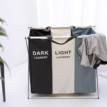 Nicesail 3 Section Laundry Basket Printed Dark Light Color, Foldable Hamper/Sorter with Waterproof Oxford Bags and Aluminum Frame, Washing Clothes Storage for Home, Dormitary Multicolored