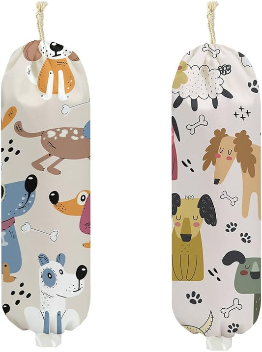 2Pcs Dog Plastic Bag Holder 22.5x9 Inch, Wall Mount Grocery Bag Holder for Plastic Bags, Bone Reusable Grocery Bags Storage Dispenser for Home Kitchen Pantry Decor, Dog Lovers Gifts for Women Mom