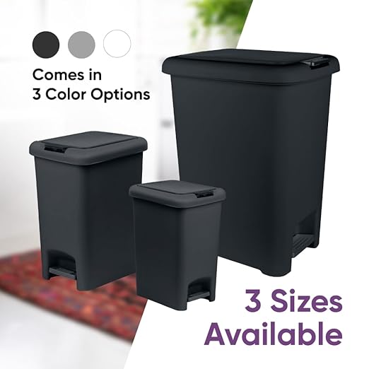 Superio 45L Slim Step & Push Trash Can with Wheels - Dual Opening, Space-Saving Design (17.52"x13.07"x22.24") - Black