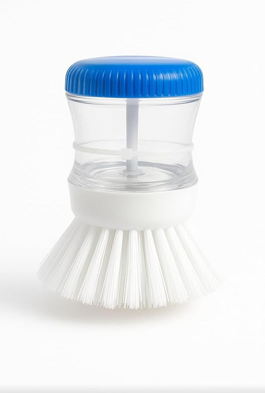 Kitchen Soap Dispenser Brush with Soap Storage Container, Blue Cap, Clear Plastic, White Bristles, Dish Washing Scrubber