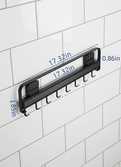 Retractable Wall Mounted Bathroom Clothes Rack with Foldable Towel Bar,6 Movable Hooks and Underwear Drying Net,Space Saving Organizer (Black)