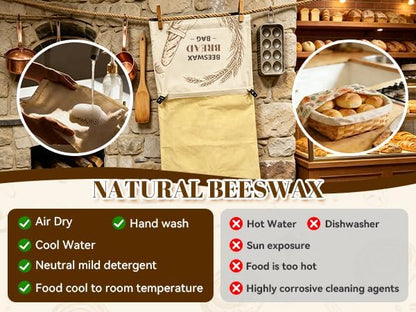 2 Pack Reusable Beeswax Bread Bags for Sourdough Homemade Bread, 17x13-Inch Cotton Storage Bags with Lock Closure, Fresh-Keeping for Fridge, Freezer & Daily Use(2 pack bread bag and 1 wraps)