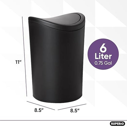 Superio Small Bathroom Trash Can with Lid, Modern Matte Black Mini Waste Bin with Swing Lid (1 1/2 Gallon, 6 Liter) Plastic Garbage Can for Kitchen, Bathroom, Bedroom, Office, Under Desk (1)