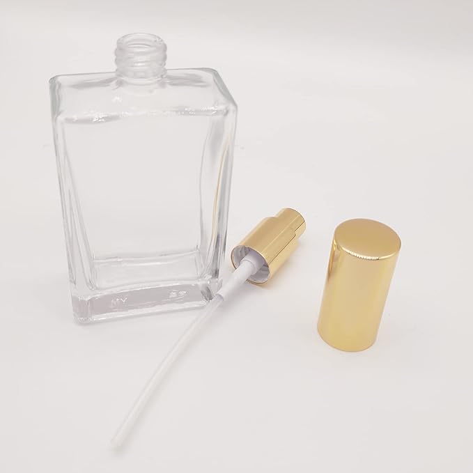 5PCS Square Glass Spray bottle,3.4oz Small Refillable Container with Fine Mist srpayer,Perfume bottle (100ml, Clear+Gold)