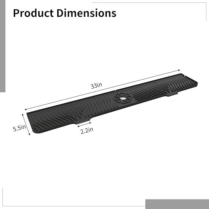 Silicone Black Kitchen Sink Splash Guard, 33 in Long Draining Mat with Central Drain Hole, Non-Slip Surface