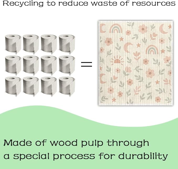 Swedish Dishcloths for Kitchen – 6 Pack Cellulose Reusable Cleaning Paper Towels – Soft, Quick-Drying, Washable Dish Rags for Kitchen, Counters & More (Boho Pattern)