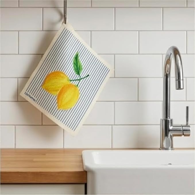 Lemon Collection Swedish Dishcloth, Reusable Paper Towel, Super Absorbent Cellulose Sponge, Kitchen Cleaning Cloth, Washable & Compostable (Lemon Zest Stripe 1 Pack)