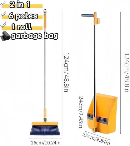 2-in-1 Broom with Dustpan Combo Set,Long Handle Broom Dustpan Combo with Dustpan Teeth to Automatically Clean Hair for Home, Indoor or Outdoor Cleaning Hall Floor (Orange)