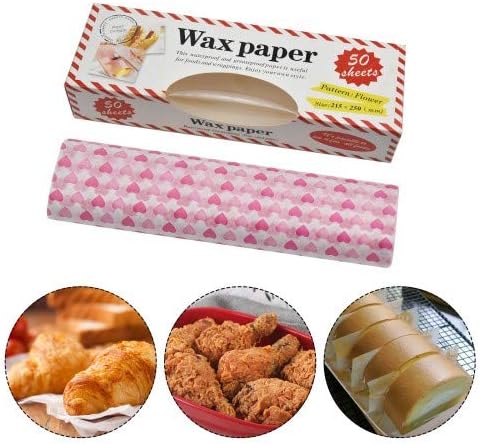 Food Wrapping Paper 50 Sheets Wax Paper Grease Proof Waterproof Baking Parchment with Heart Pattern Non-Stick Beeswax Wraps Paper Liners Tissue for Bread Sandwich Burger Gift 218 x 250mm