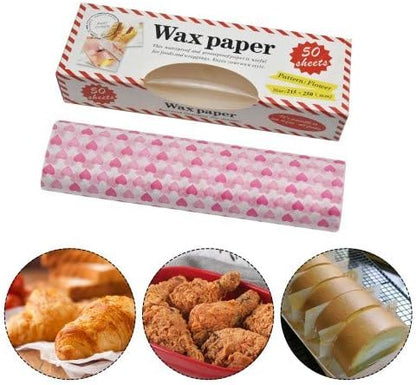 Food Wrapping Paper 50 Sheets Wax Paper Grease Proof Waterproof Baking Parchment with Heart Pattern Non-Stick Beeswax Wraps Paper Liners Tissue for Bread Sandwich Burger Gift 218 x 250mm