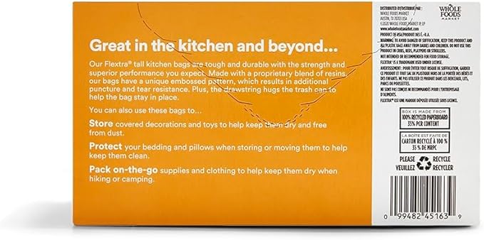 365 by Whole Foods Market, Flextra Strength Drawstring Tall Kitchen Trash Bags, 13 Gallon, 38 Count (Pack of 6)