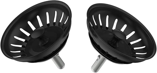 KANARY Kitchen Sink Basket Strainer Replacement for Standard Drains (3-1/2 Inch) Stainless Steel Body with Rubber Stopper (Pack of 2, Matte Black)