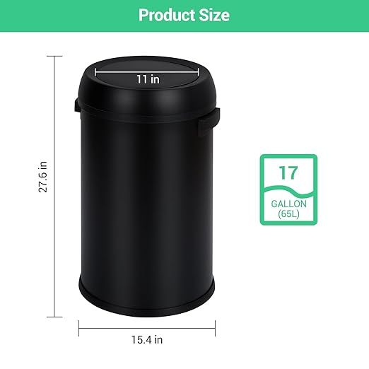 Garvee 65 L/17 gal Swing Top Trash Can, Fingerprint-Proof Stainless Steel Garbage Can, Heavy Duty Commercial Round Trash Bin with Swing Lid for Kitchen, Outdoor, Home, Office, Black
