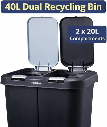 Step N' Sort 2 x 5.5 Gallon, Dual Trash and Recycling Bin with Slow Close Lid,Black,40 Liter,SNS402-B