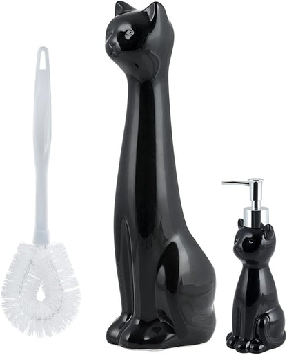 Allure Home Creation Cat 3-Piece Black Ceramic Toilet Brush Holder with White Plastic Brush and Soap Dispenser Set-Black