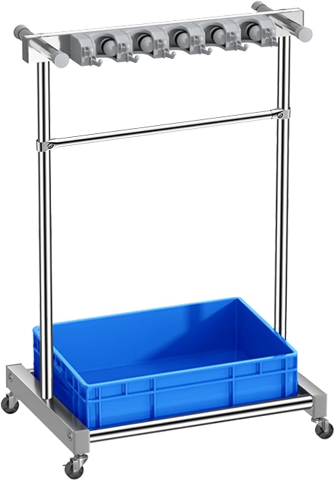 Movable Broom Mop Holder, Floor Standing Cleaning Tool Cart Storage, Freestanding Cleaning Supplies Organizer Wet Mop Drain Rack Housekeeping Station Storage Tools for Home Garage Schools