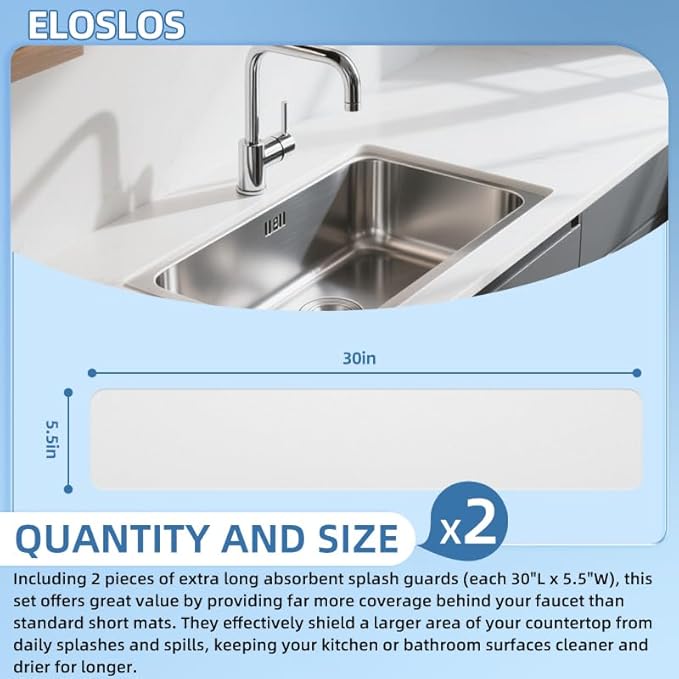 2Pcs 30"L x 5.5"W Customizable Sink Faucet Mat for Kitchen Sink 2 Holes & 3 Holes, DIY Cut for Oval/Rectangle/Square Faucets, Extra Long Quick-Drying Absorbent Splash Guard Counter Protector, White