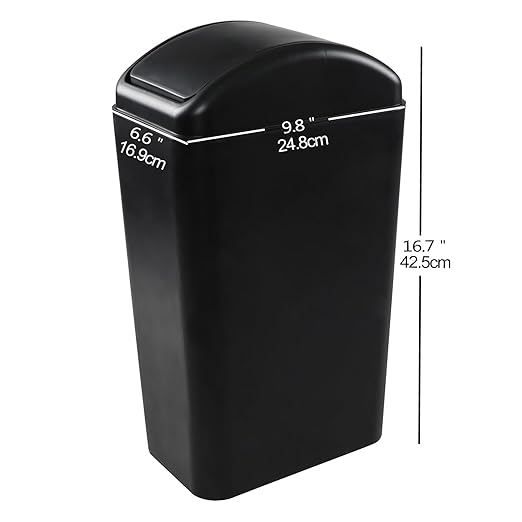 3.5 Gallons Capacity/ 14 Liter Plastic Trash Can, Garbage Bin with Swing Lid, Black, 9.8" x 6.6" x 16.7"