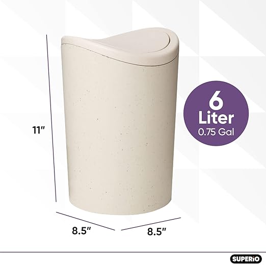 Superio Small Bathroom Trash Can with Lid, Modern White Mini Waste Bin with Swing Lid (1 1/2 Gallon, 6 Liter) Plastic Garbage Can for Kitchen, Bathroom, Bedroom, Office, Under Desk (2, Ecohome)