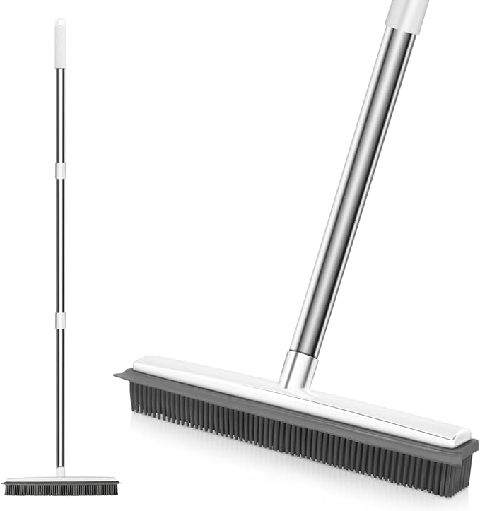 Rubber Broom with Handle, Broom Rubber Bristles Removing Animals Cats Dogs Hair for Floors for Carpets Tiles Windows and Gardens White