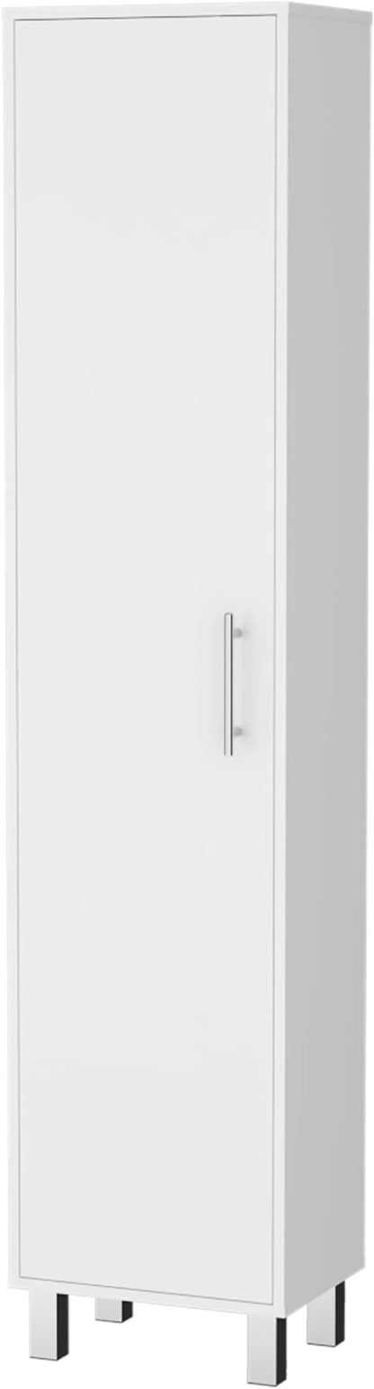 Tall Storage Cabinet Single Door with 3 Broom Hangers White Particle Board 5 Interior Shelves 11 in D x 14.4 in W Ergonomic Freestanding Organizer for Laundry Mudroom Closet