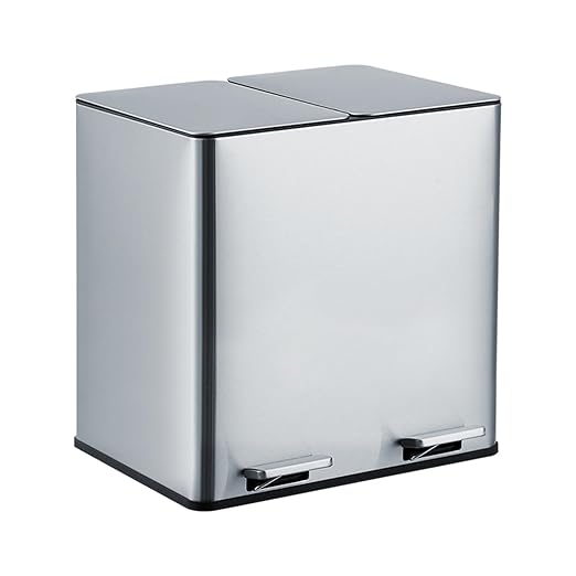 GarveeHome Dual Trash Can, 2x4 gal (2x15 L) Stainless Steel Step Trash Can, Rectangular Garbage Can for Kitchen, Office with 2 Compartments, Removable Inner Buckets, Soft-Close Lid, Silver
