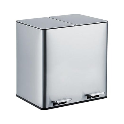 GarveeHome Dual Trash Can, 2x4 gal (2x15 L) Stainless Steel Step Trash Can, Rectangular Garbage Can for Kitchen, Office with 2 Compartments, Removable Inner Buckets, Soft-Close Lid, Silver