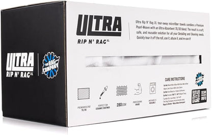 The Rag Company - Ultra Rip N' Rag XL Premium Reusable Pearl-Weave Microfiber Towels for Coatings, Glass, Detailing, Home, RV and More - 50 Count - Quality 70/30 Blend - 280gsm 16" x 16" - White