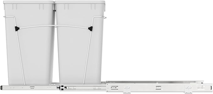 Rev-A-Shelf Double 27 Qt Pullout Trash Can for Base Kitchen Cabinets, Garbage Waste Bin System with Full Extension Slides, Min Opening Width of 11.5", White, RV-15KD-11C S