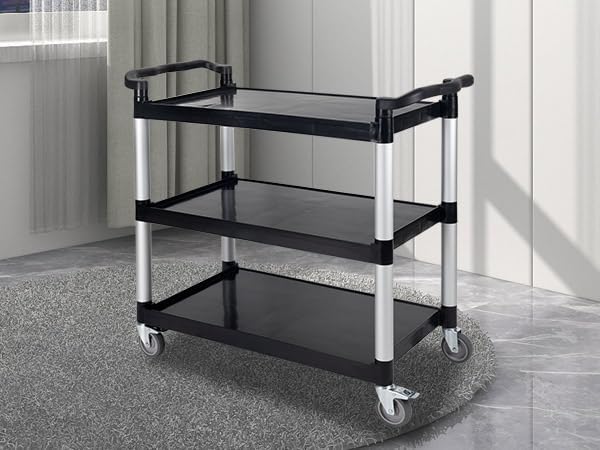 UNICOO® Heavy Duty 3-Tier Rolling Cart, Service Utility Cart on Wheels, 550lbs Capacity, Lockable & Silent Wheels, Anti-Rust, Easy Clean for Restaurant, Office, Dorm, Garage, Kitchen Storage