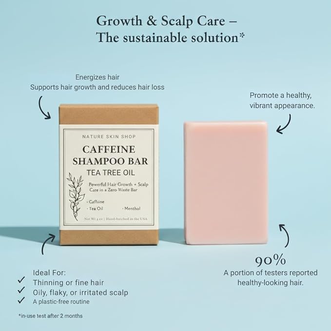 Nature Skin Shop Caffeine Shampoo Bar for Hair Growth and Thinning, with Tea Tree Oil for Oily, Itchy & Dandruff Prone Scalp, Sulfate-Free, Energizing Scalp Detox
