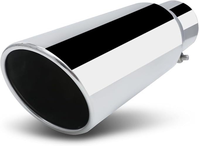 M-AUTO Single Chamber Muffler 12" Overall Length, 3.5" Inside Inlet and 5" Outlet Universal Stainless Steel Exhaust Muffler Assembly Roll and Angle Cut Tip, Chrome