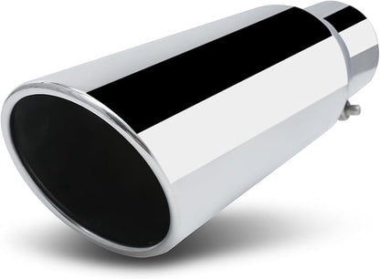 M-AUTO Single Chamber Muffler 12" Overall Length, 3.5" Inside Inlet and 5" Outlet Universal Stainless Steel Exhaust Muffler Assembly Roll and Angle Cut Tip, Chrome