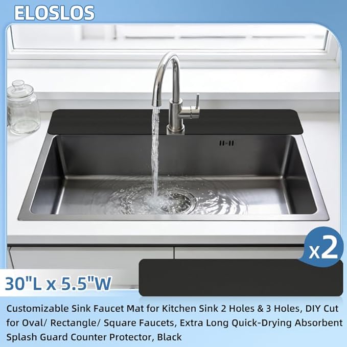2Pcs 30"L x 5.5"W Customizable Sink Faucet Mat for Kitchen Sink 2 Holes & 3 Holes, DIY Cut for Oval/Rectangle/Square Faucets, Extra Long Quick-Drying Absorbent Splash Guard Counter Protector, Black