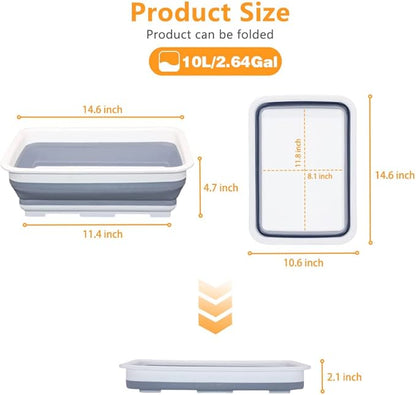 Goderewild Collapsible Dish Pans – 10L (2.6 Gal) Foldable Sink Tub, 14.5'' x 10.5'' x 5", Compact and Space-Saving Multiuse Foldable Basin for Dish Washing, Camping, RV and Vegetable Cleaning