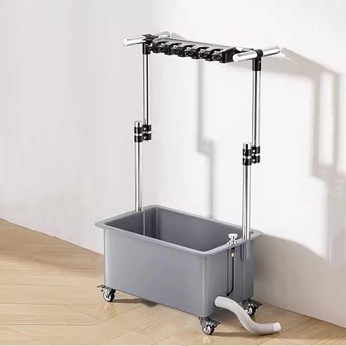 Freestanding Floor Mop Sink with 26cm Deep Basin, 93-124cm Adjustable Height Broom Mop Holder Organizer Movable Mop Sink with Wheels for Laundry Backyard Garage