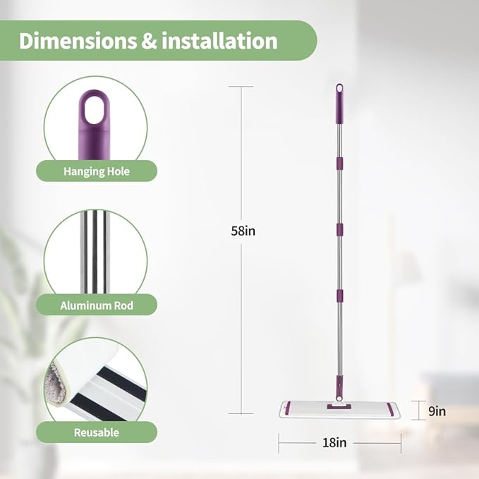 CQT Commercial Flat Microfiber Floor Mop Cleaning System 18" Inch Wet Dry and Dust Hardwood with 4 Washable Pads Cleaner for Laminate Tile Stainless Steel Handle and Extension (PT13-WET)