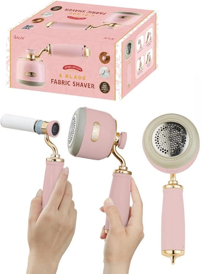 SALAV® Retro Edition 2-in-1 Rechargeable Fabric Shaver and Lint Roller, 6-Blade System, Removes Fuzz and Pilling on Fabrics, Includes Charging Cable (Rose)