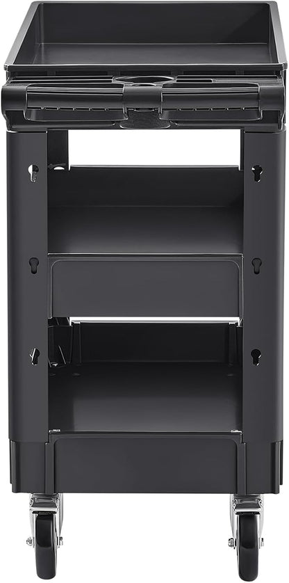 VEVOR Utility Cart, 3-Tier Plastic Service Cart with 550LBS Capacity, 360° Swivel Casters (Including 2 Locking Wheels), Medium Lipped Shelves, Ergonomic Handle, for Garage, Warehouse, Cleaning Tasks