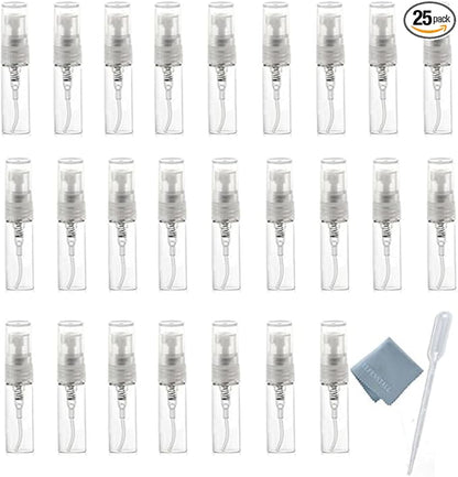 Elfenstal- 25pcs Mini Clear 3ml Fine Mist Atomizer Glass Bottle Spray Refillable Perfume Empty Bottle Glass Clean Cloth for Travel Party Portable Makeup Tool