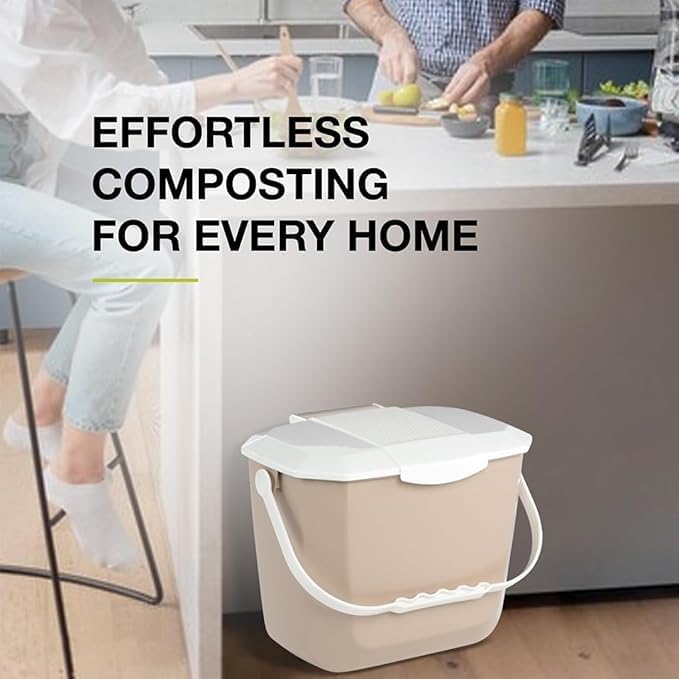 Nova Products Kitchen Compost Bin – 2 Gallon (8L) Countertop Food Waste Container | Ergonomic Handle | Beige Base with White Handle | Easy to Clean Design | Made from Durable HDPE