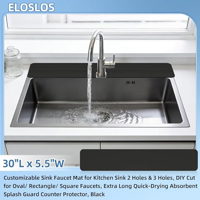 30"L x 5.5"W Customizable Sink Faucet Mat for Kitchen Sink 2 Holes & 3 Holes, DIY Cut for Oval/Rectangle/Square Faucets, Extra Long Quick-Drying Absorbent Splash Guard Counter Protector, Black