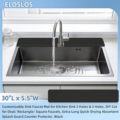 30"L x 5.5"W Customizable Sink Faucet Mat for Kitchen Sink 2 Holes & 3 Holes, DIY Cut for Oval/Rectangle/Square Faucets, Extra Long Quick-Drying Absorbent Splash Guard Counter Protector, Black