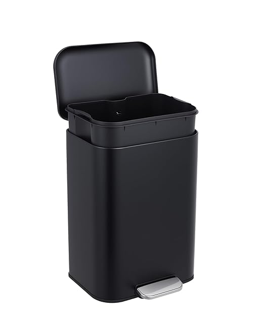 OUTLANE Bathroom Trash Can with Lid Soft Close, Step Pedal, 20 Liter / 5.2 Gallon Kitchen Trash Can,Stainless Steel Trash Bin for Bedroom, Office, Kitchen, Black