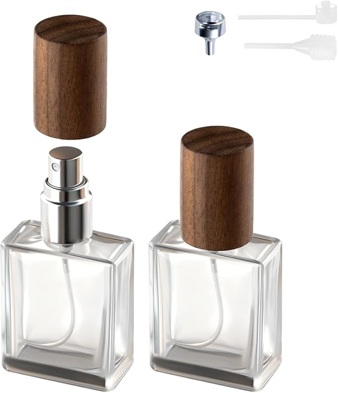 Perfume Atomizer, Glass Perfume Container,Travel Bottle Refillable, Empty Portable Leakproof Frangrance Spray Bottle (Walnut 2pcs 15ml/0.5oz)