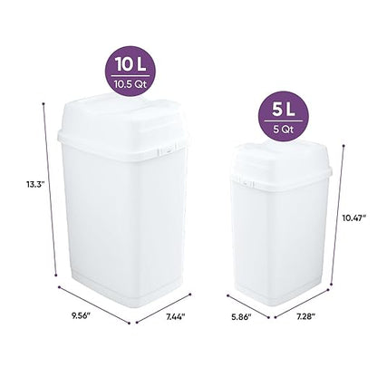 Superio 1.25 Gallon and 2.5 Gallon Plastic Garbage Cans with Swing Top-Split Lid | Small Trash Cans with Lid | Durable Plastic | Slim & Sturdy Trash Bins | Fingerprint Resistant | 5L / 10 L - White