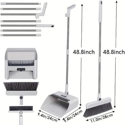 Broom with Dustpan Combo Set, 3 in 1 for Sweeping Indoor and Push Broom Outdoor with Dust Pan, 14.2 to 48.8 inch Adjustable Long Handle Broom and Dustpan Set (White)
