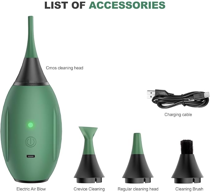 LENSGO Electric Air Blow,Camera Cleaning Kits with 4 Cleaning Heads for CMOS/Regular/Crevice Clean and Brush, 4.0kPa Dust Removal Type C Charge (Green)